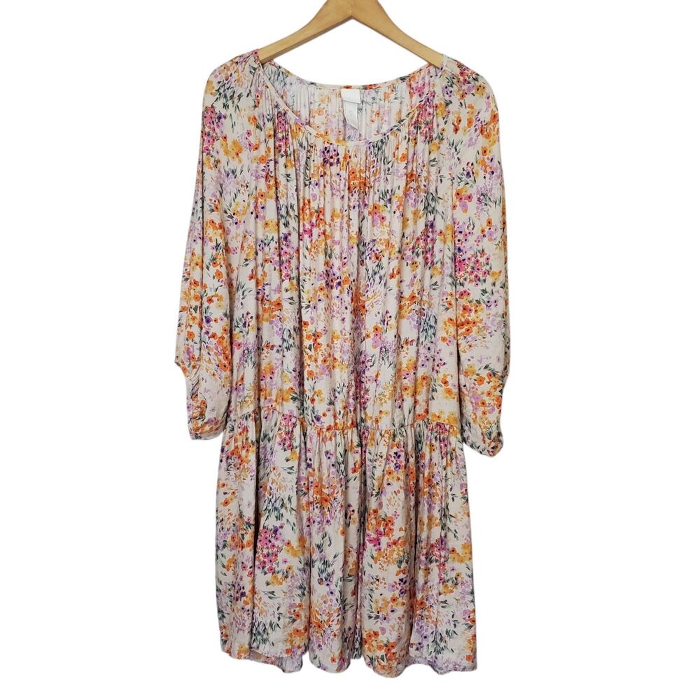 H&M Floral Dress Size L Flowy Peasant Bloomcore Cottagecore Mini Babydoll